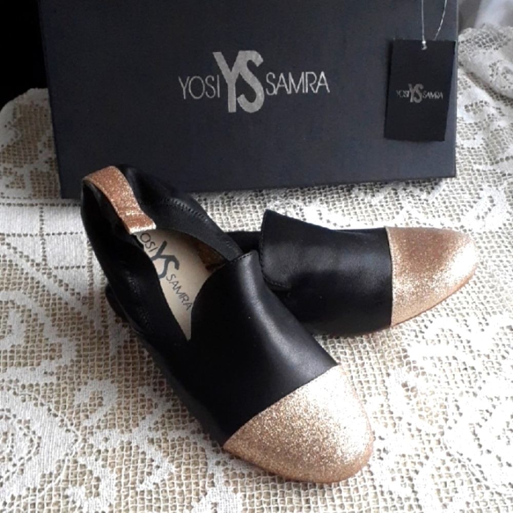Yosi Samra Women's Black and Gold Glitter Toe Flats  Size 8  NIB - Picture 2 of 5